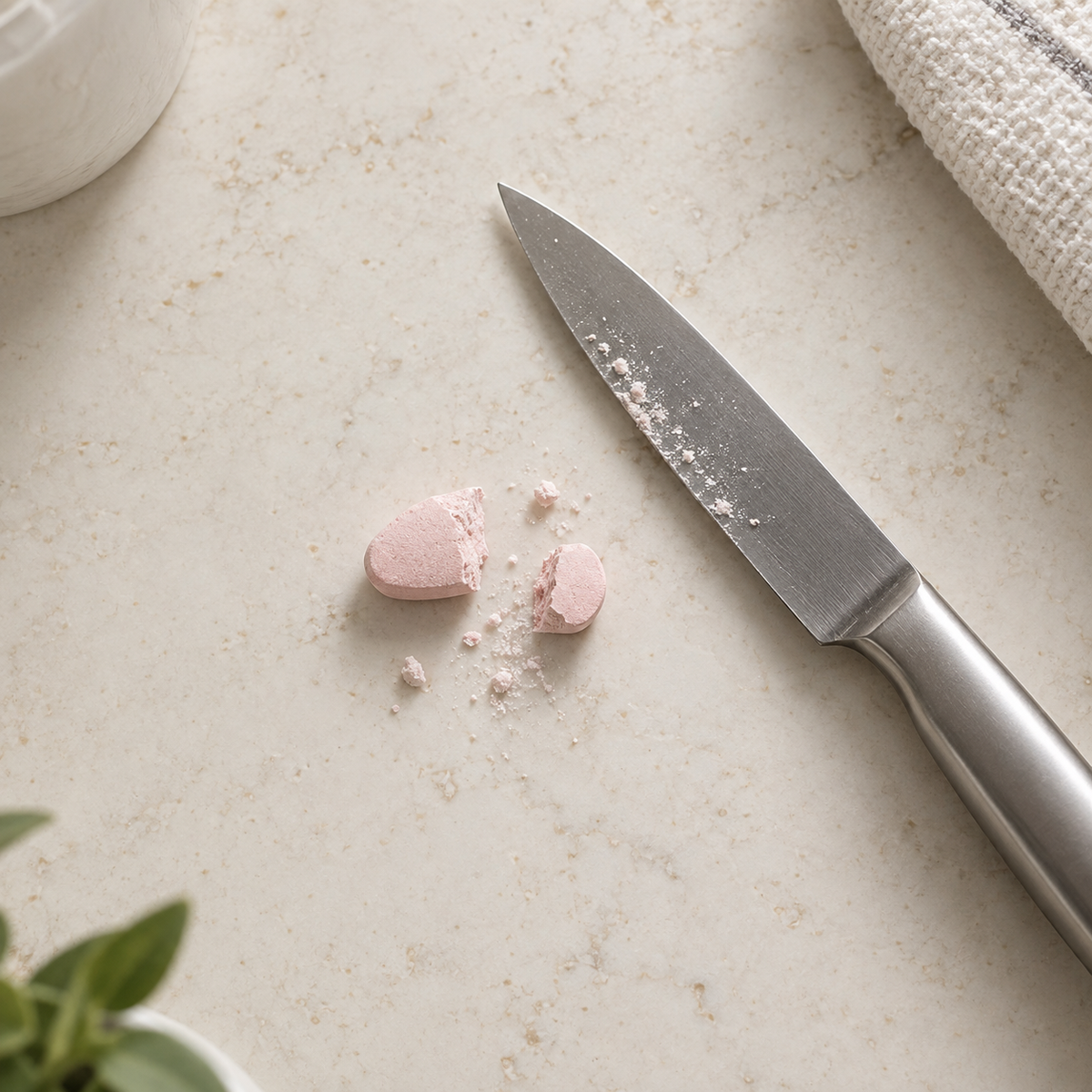 Comprimé rose coupé irrégulièrement avec un couteau