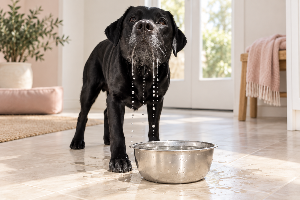 Chien au museau mouillé devant une gamelle classique avec de l’eau sur le sol
